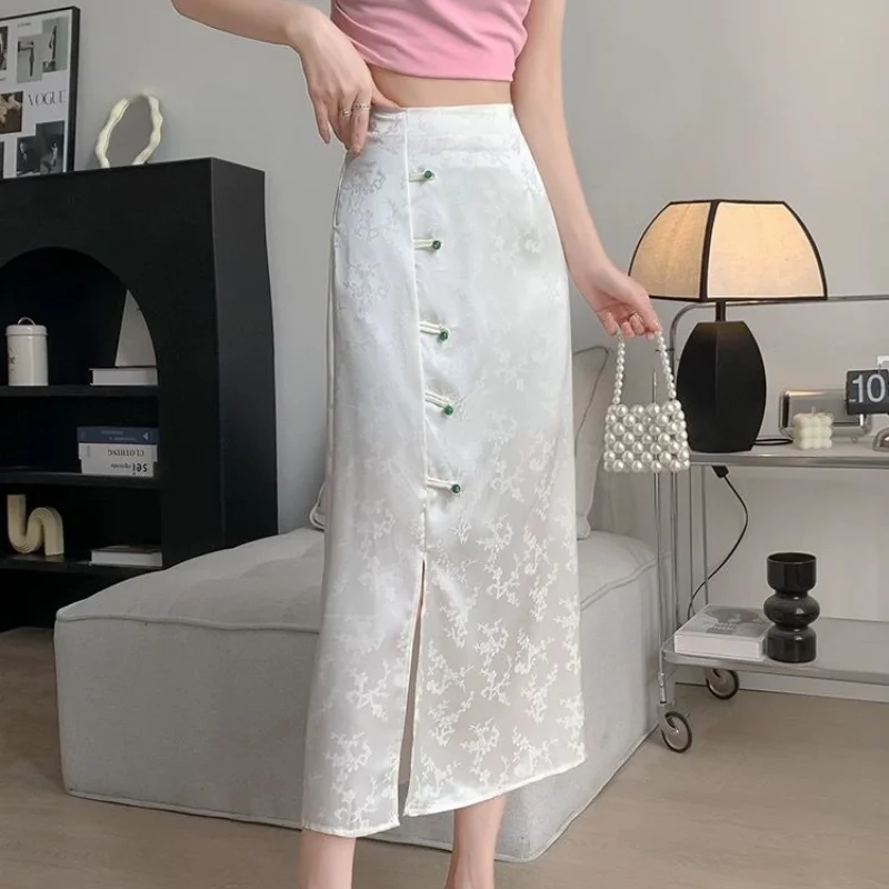 New Spring and Summer Women's Solid Color High Waist Zipper Loose Chinese Style Bag Hip A-Line Split Fashion Casual Skirt