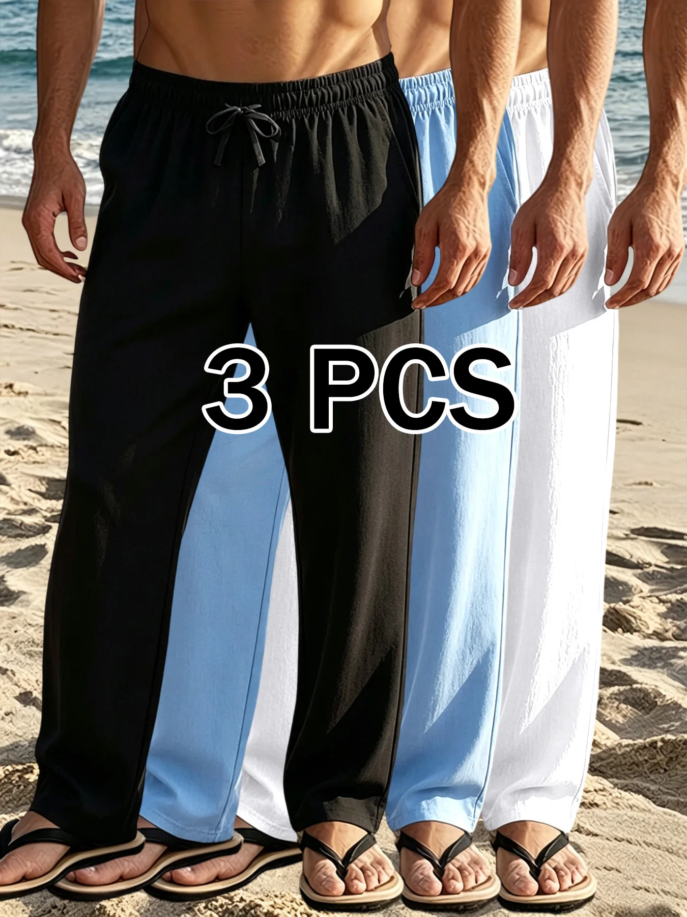 3 Pack Essential Men Crinkle Textured Wide Leg Pants Elastic Drawstring Waist Side Storage Pocket Breathable Linen-Look Trousers