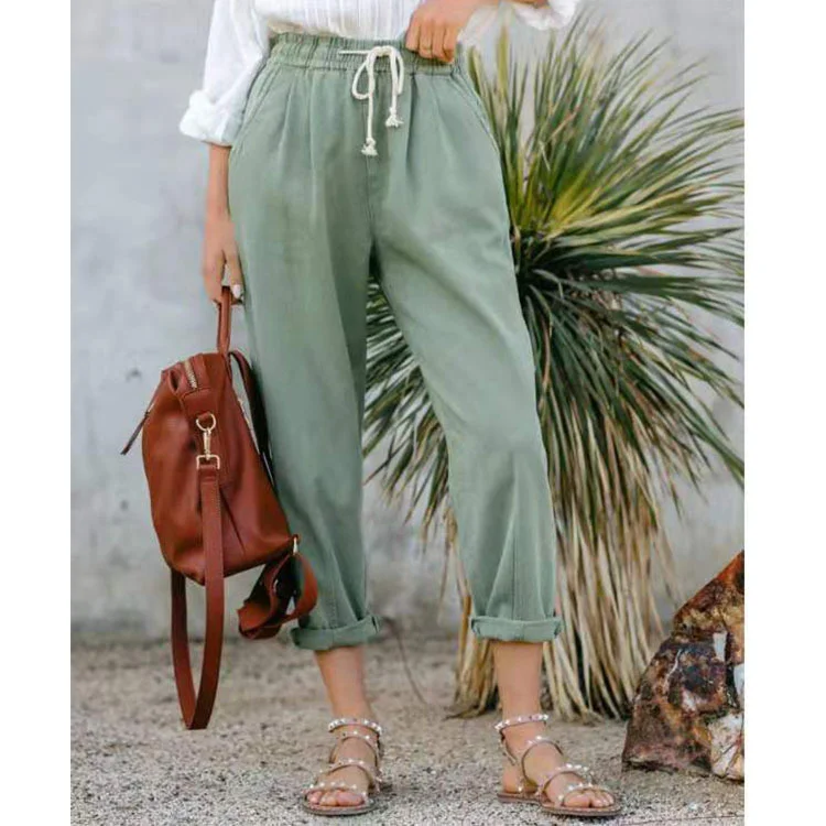 2022 European And American Women's Clothing Summer New Solid Color Casual Elastic High Waist Straight Trousers Women