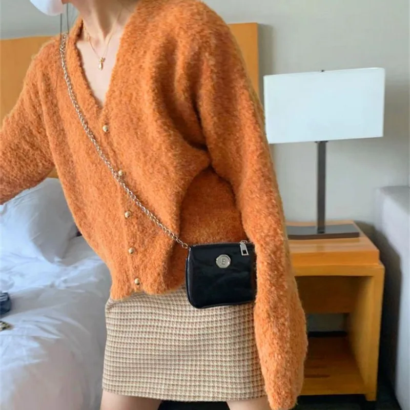 

Women'S Cropped Cardigans V Neck Long Sleeves Sweater Spring Autumn Solid Vintage Knitted Korean Casual New 2025 Fashion Top