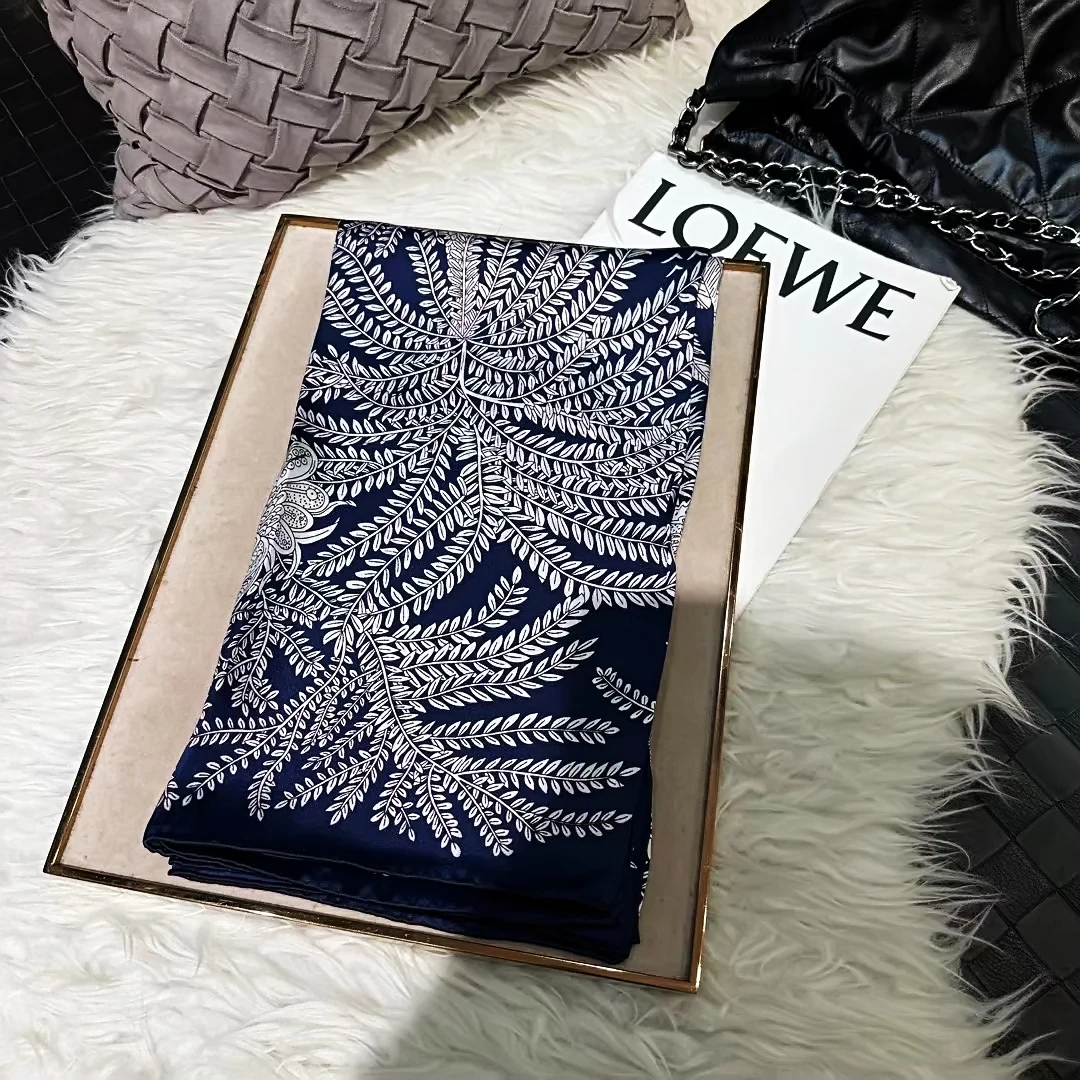 BYSIFA|Navy Blue 100% Mulberry Silk Scarf Shawl Winter Brand Floral Design Square Scarves Fashion Fall Winter Scarfs Bufanda