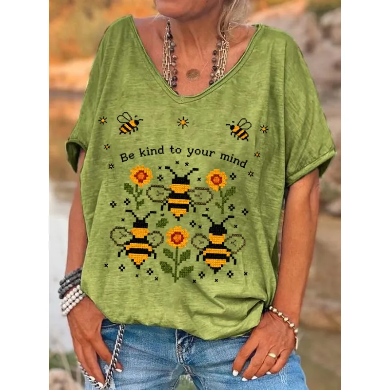 ilstile Women's Be Kind to Your Mind Flower Print T-Shirts Summer Holiday Short Sleeve T Shirt Casual Loose V Neck Tops Tees NEW