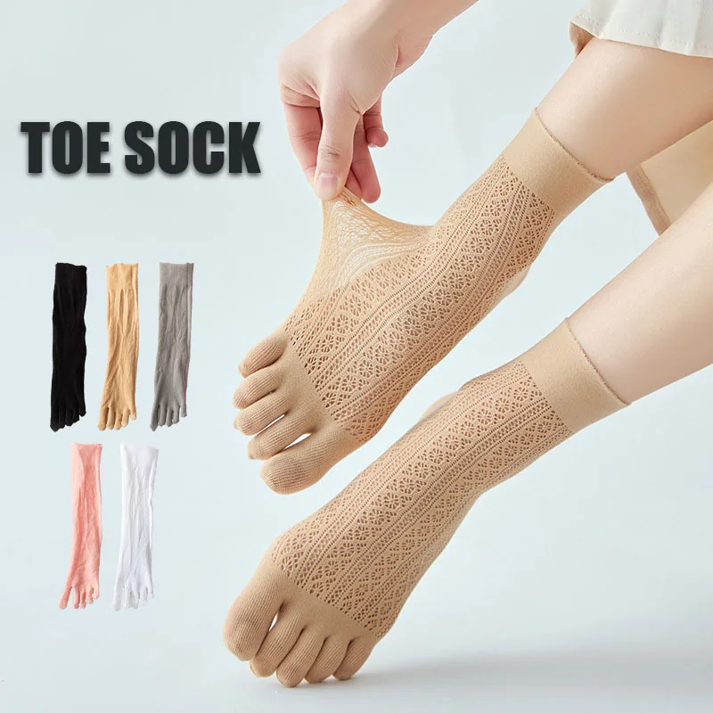 

Women's Floral Toe Socks Hollow Out Breathable Ruffle Five Finger Crew Sock Breathable Mesh Comfortable Casual Middle Sox Female