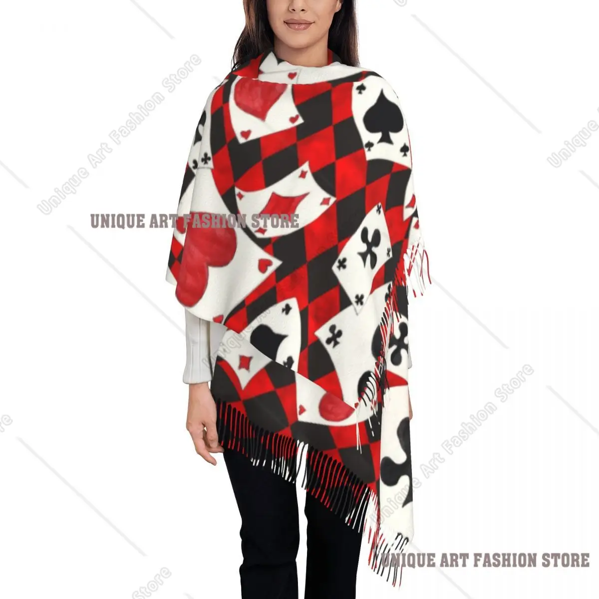 Luxury Cool Poker Playing Cards Pattern Tassel Scarf Women Winter Warm Shawl Wrap Female Gambling Card Game Scarves