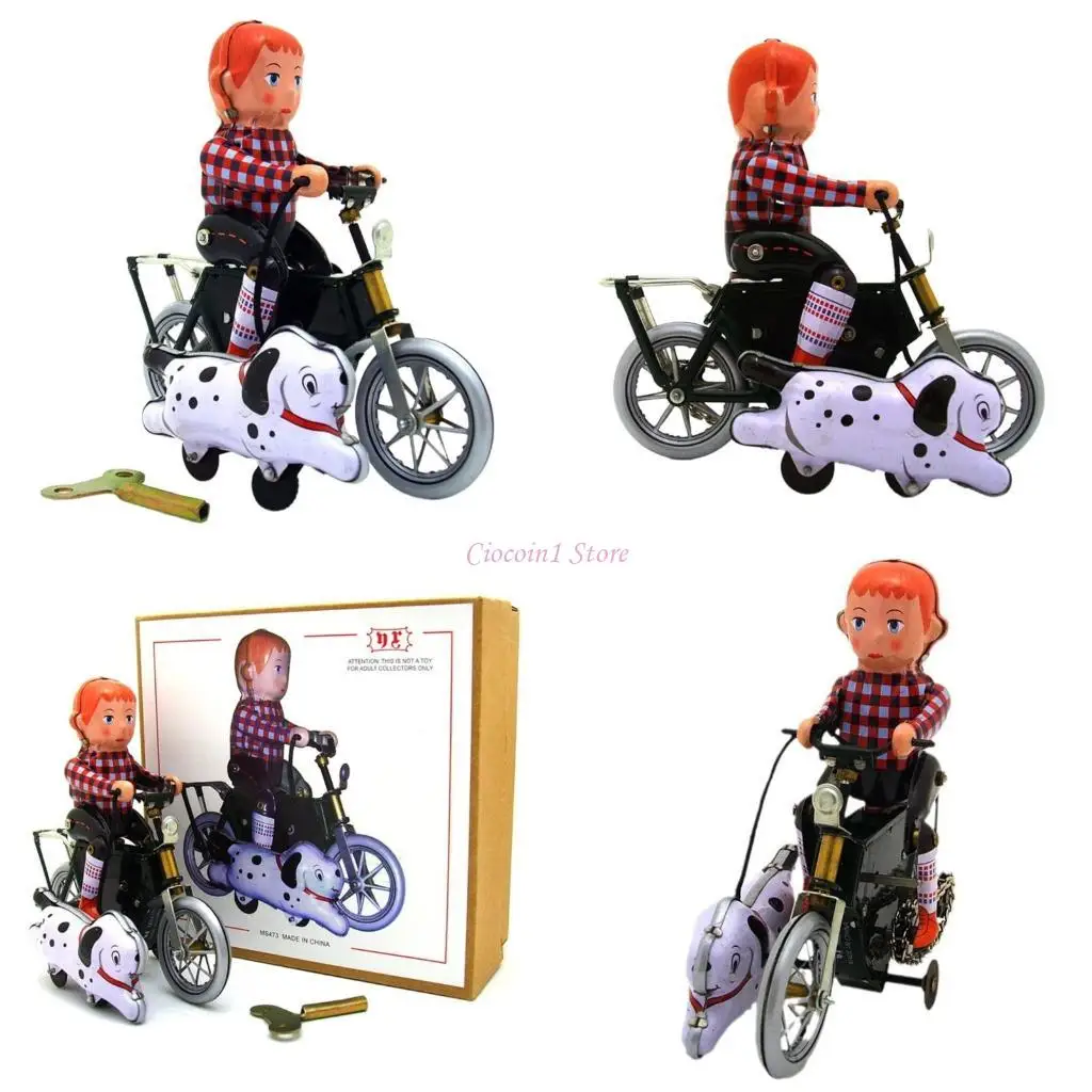 Y1ub Retro Boy Dog Dog Motorcycle Tin Toy عنصر جامع فريد من نوعه للديكور المنزلي