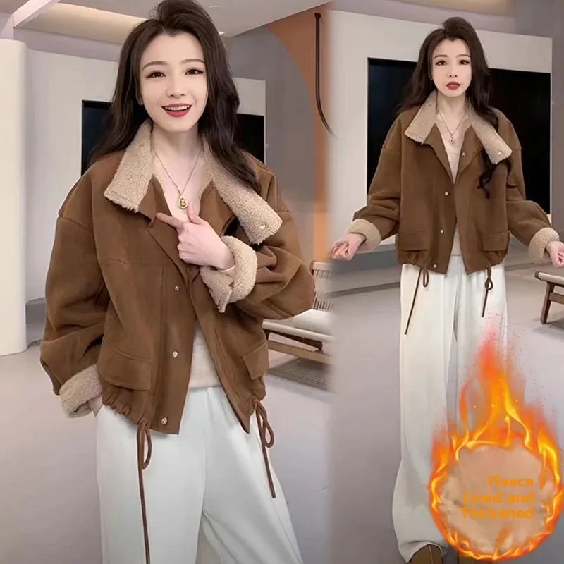 

Faionable антивозрастной коричневый хлопковый тюре, женское замшевое пальто с меховым воротником, осенне-зимний свободный топ, модный