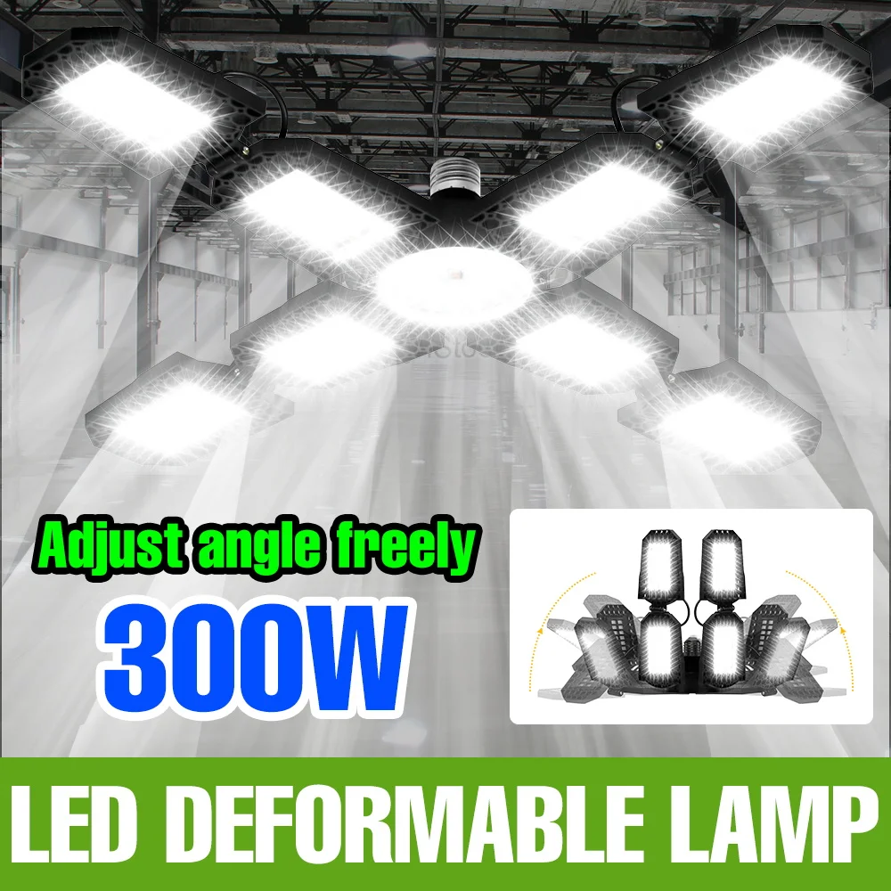 300W Deformable LED Garage Light 220V Foldable Workshop Lamp E27 Parking Ceiling Bulbs Storehouse Basements Commercial Lighting