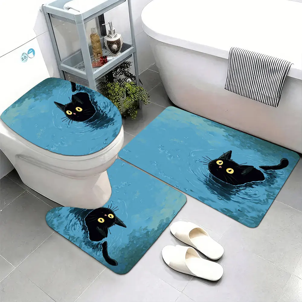 

Cute Black Cat Swimming in Blue Water Bathroom Floor Mat Set 3pcs Non-Slip Absorbent Toilet Lid Cover and U-Shaped Rug