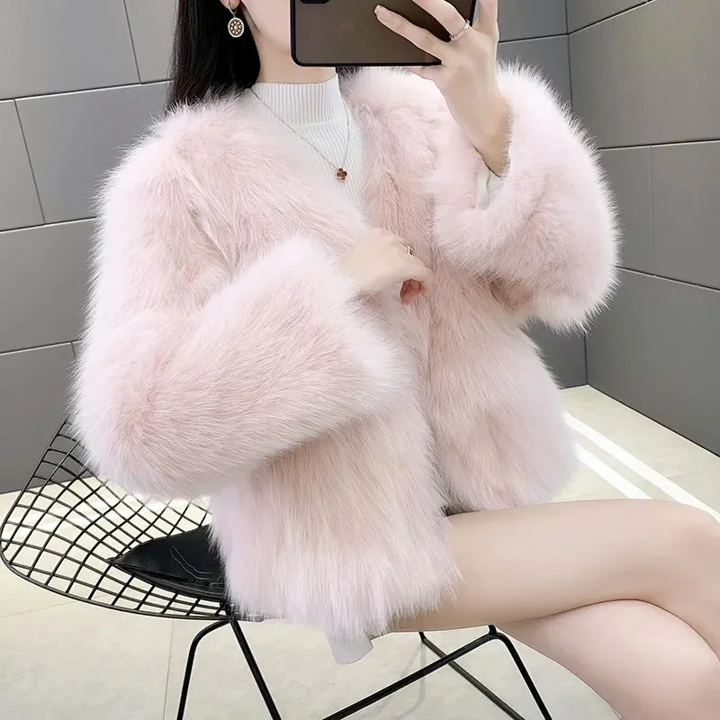 Ladies Long Sleeves Imitation Fox Fur Jacket 2024 Female Faux Fur Tops Coat Autumn Winter Women Fashion Short Plush Overcoat