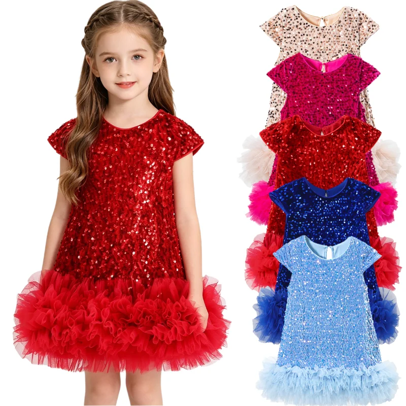 New Girls Sequined Tutu Dress Princess Fluffy Mesh Skirt Kids Birthday Party Halloween Christmas Outfit Vest Top