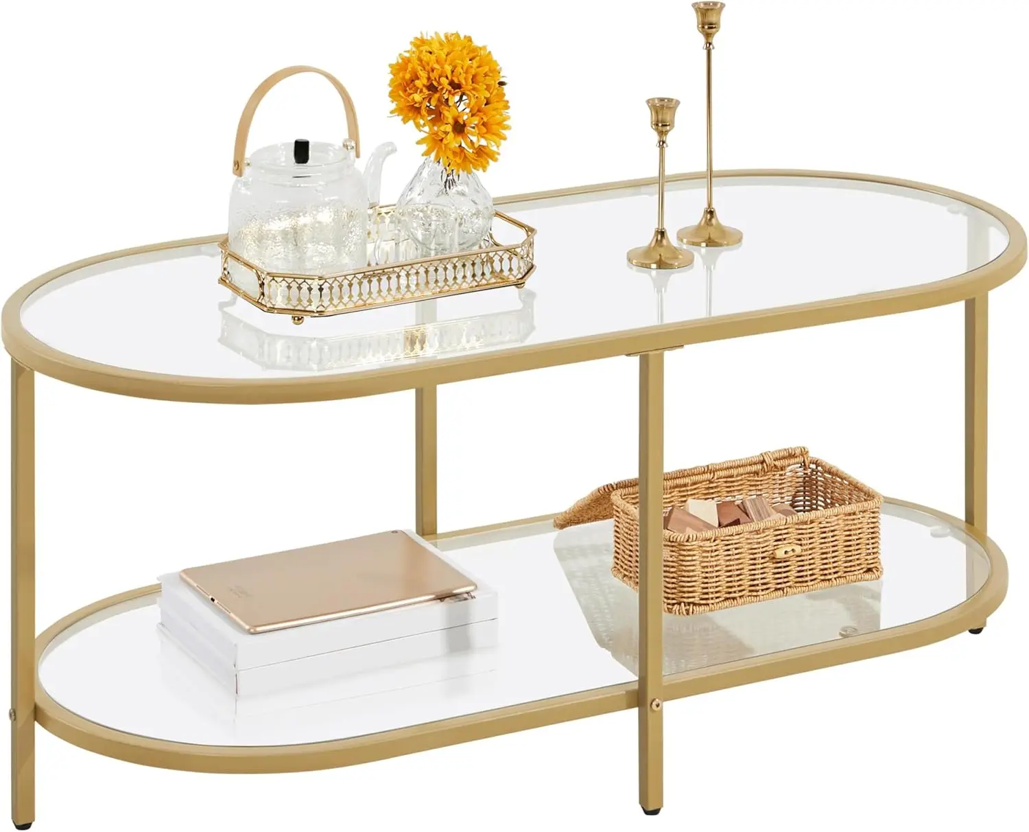 

Gold Coffee Table 42" Oval Glass Coffee Table for Living Room 2-Tier Center Tea Table with Storage Shelf Metal Frame