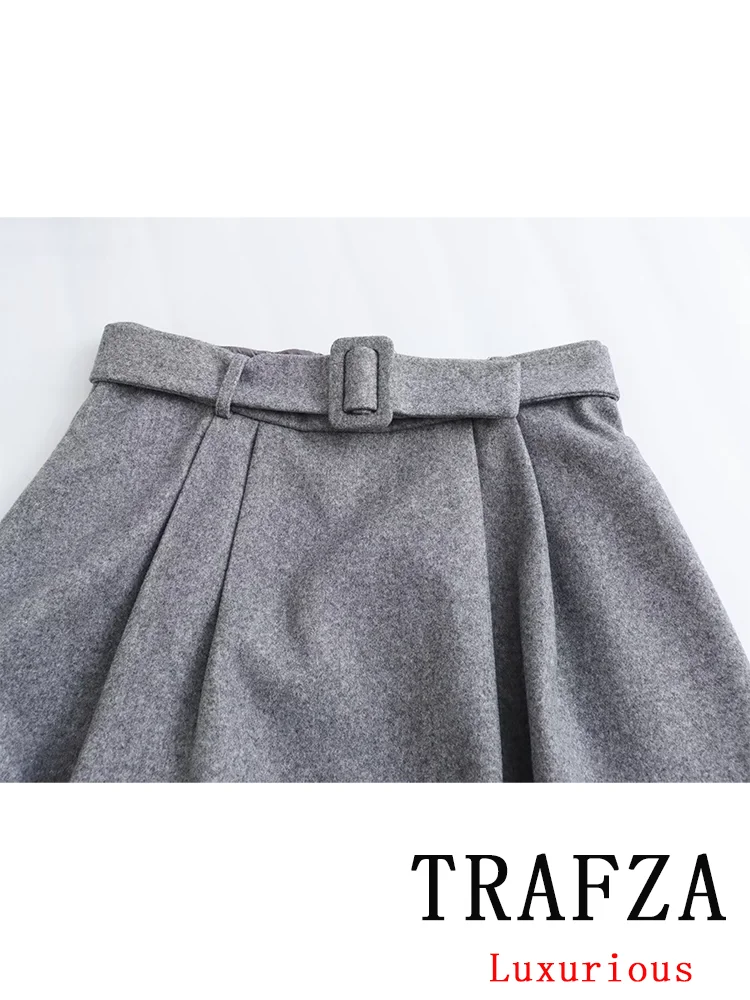 TRAFZA Casual Vintage Chic Women Skirt Solid Gray Zipper Loose Long Straight Skirt Fashion 2024 Spring Office Lady Wear Skirt