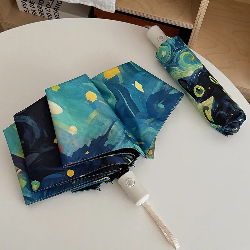 Summer Green Starry Sky Cartoon Cat Automatic Sunshade Folding Portable Umbrella Sunscreen Uv Protection Exquisite Trendy Gift - view 6