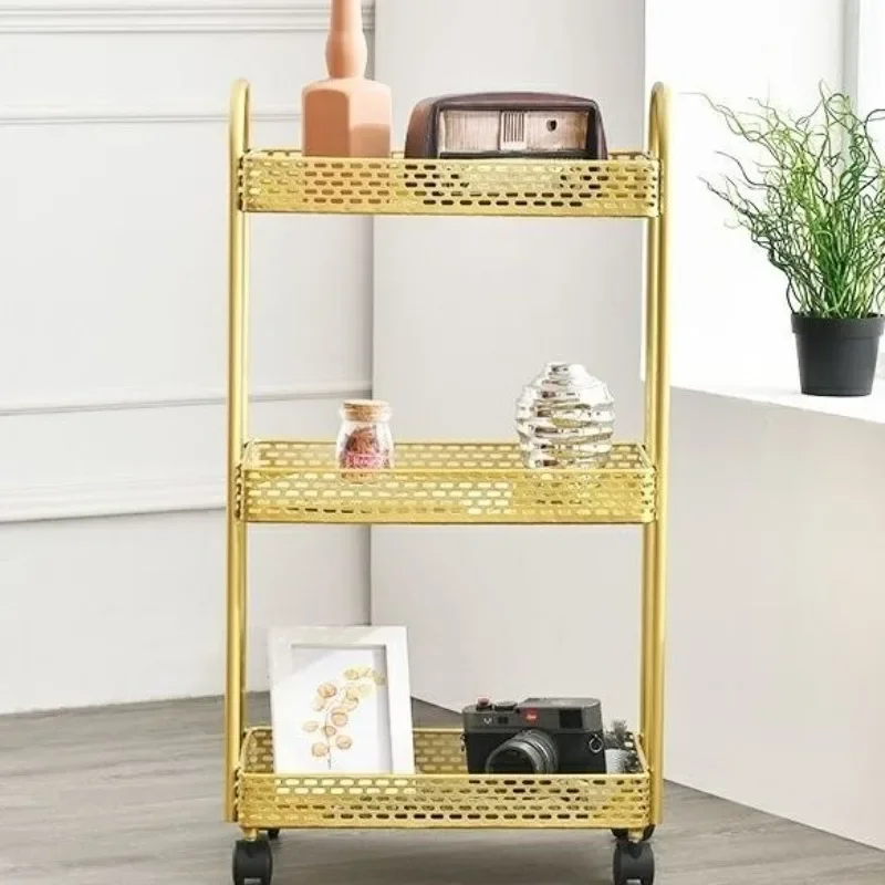 Nordic Golden Trolley Storage Rack Living Room 3-layer Storage Rack Movable Bedroom Light Luxury Organizing Rack Kitchen Islands