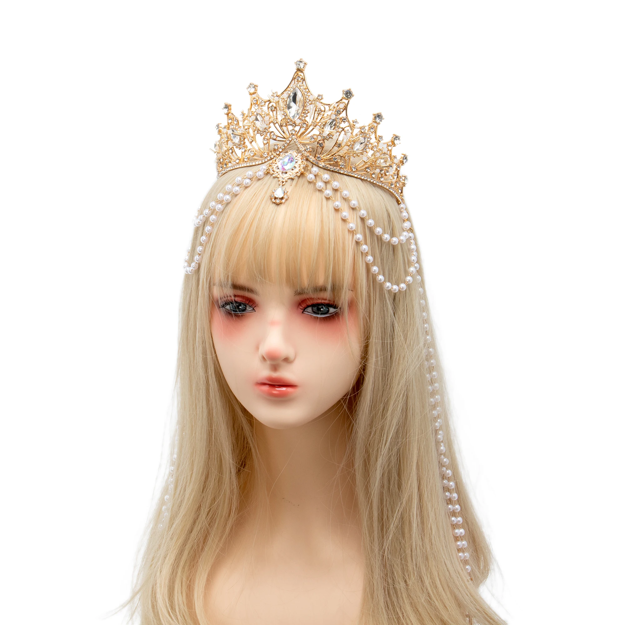 Halo Crown Lolita Princess Gold Black Crown Headpiece Queen Pope Gothic Gorgeous Bead Chain Pendant Hair Accessories Headdress