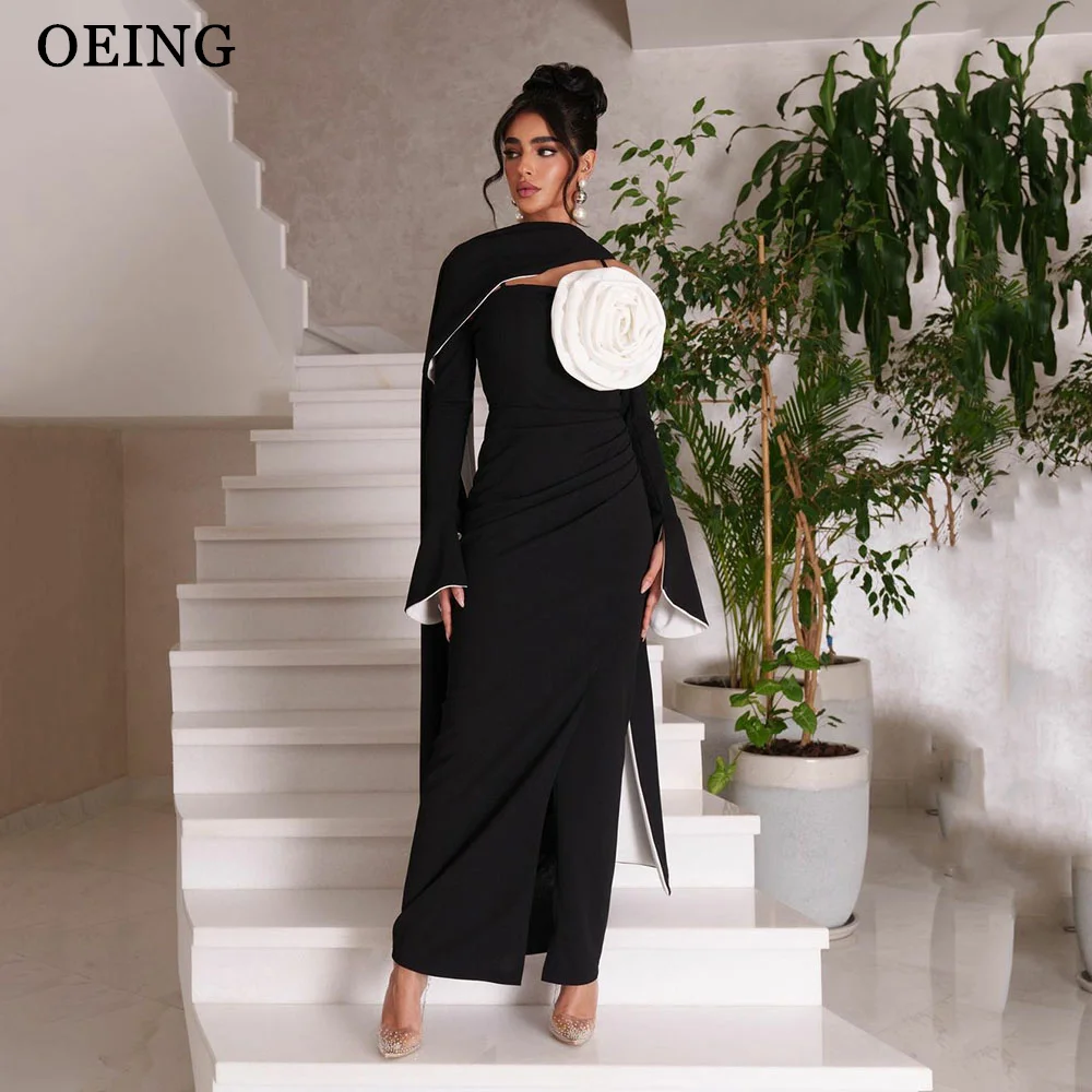 OEING Black Satin A-line Prom Gown Elegant Cape Ankle length Arabia Formal Evening Party Dress For Women Simple Celebrity Dress