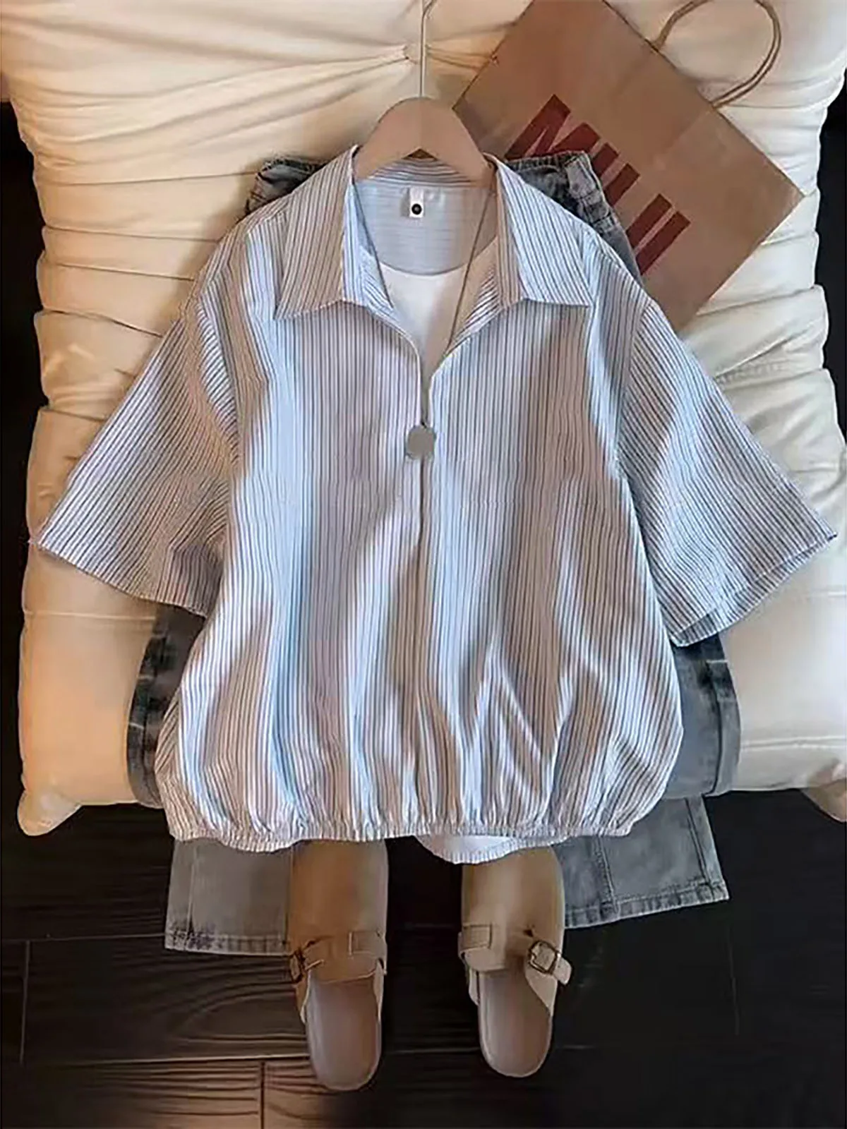 

Cleanfit Stripe Shirt Short Sleeve Men's Style Shoulder Flip Collar Cool Feeling Shape Overlap Wear Trendy Casual Loose Fit S...