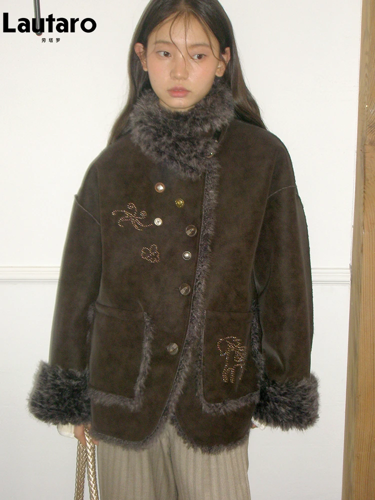 Lautaro Winter Thick Warm Brown Reversible Rhinestone Coat for Women Fluffy Jacket Luxury Designer Clothes Runway Fashion 2026