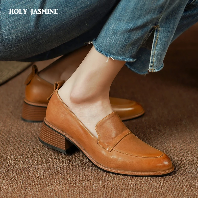 2023 New Arrival Women Pumps Spring Summer Pointed Toe Thick Heels Fashion Concise Office Ladies Genuine Leather Shoes Woman