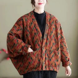 New Vintage Winter Women Cotton Coat Print Warm Cotton-padded Jacket Oversized V-neck Korean Fashion Outerwear Women's Clothing