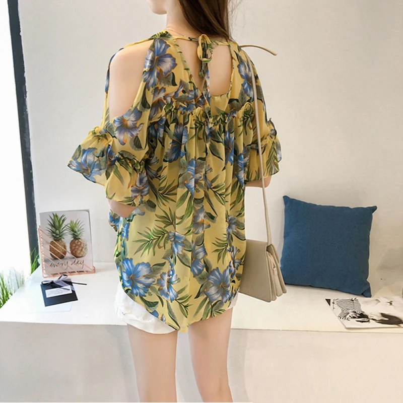 Loose ort Sve Floral Chiffon irt Mujer Sweet Sle V-Ne Tela de mezcla de poliéster de longitud media Verano Faion irt