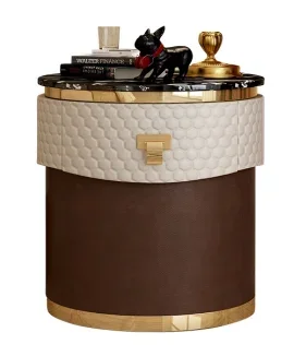 

For Stainless Steel Simulated Leather Bedside Table Combined Wood Nightstands Elegant Bedroom Villa Furniture Sets Bed Room