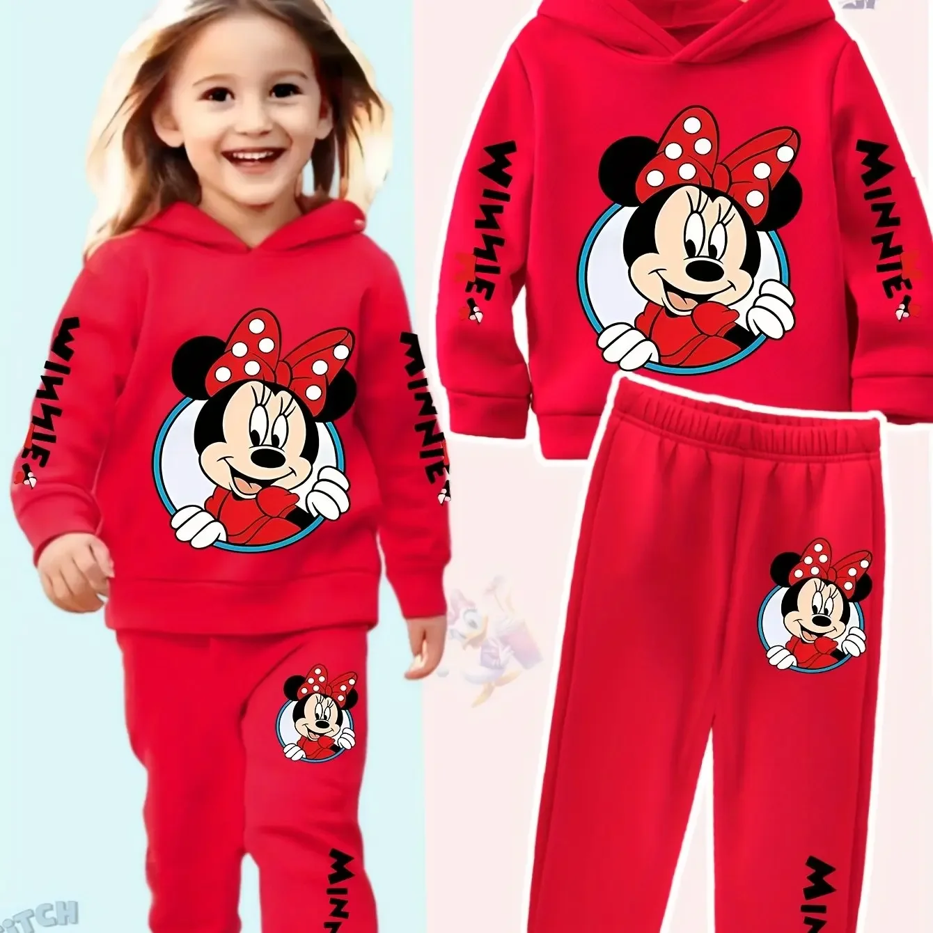 

Disney Girls' Hoodie and Pants Set, 2pcs with Disney Minnie Cartoon Print, Elastic Waistband Joggers