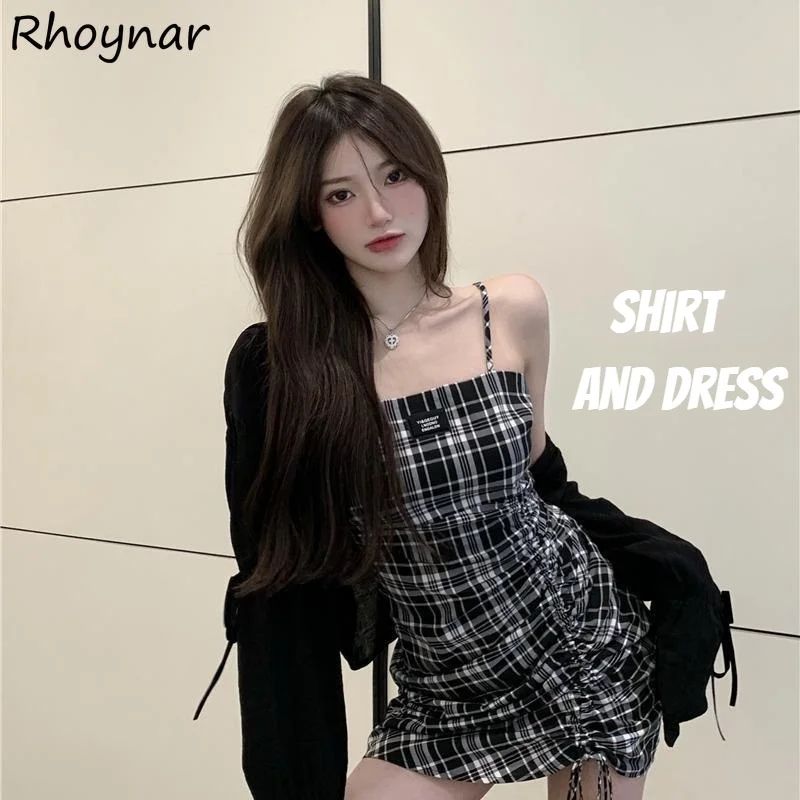 

Women Sets Mini Dress Shirring Plaid Flare Sleeve Single Breasted Shirt Popular Girlish Streetwear Fashion Casual Korean Style