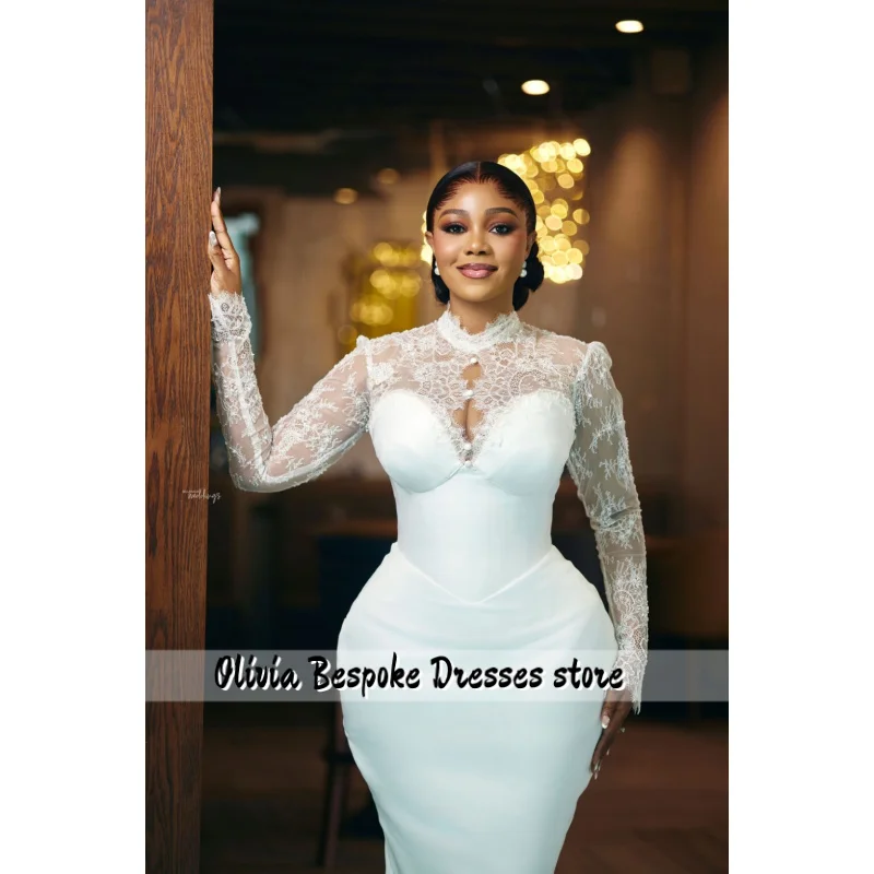 White Civil Wedding Dress for Bride Long Sleeve Ankle Length Lace Satin Court Engagement Nigeria Bridal Gown Customized