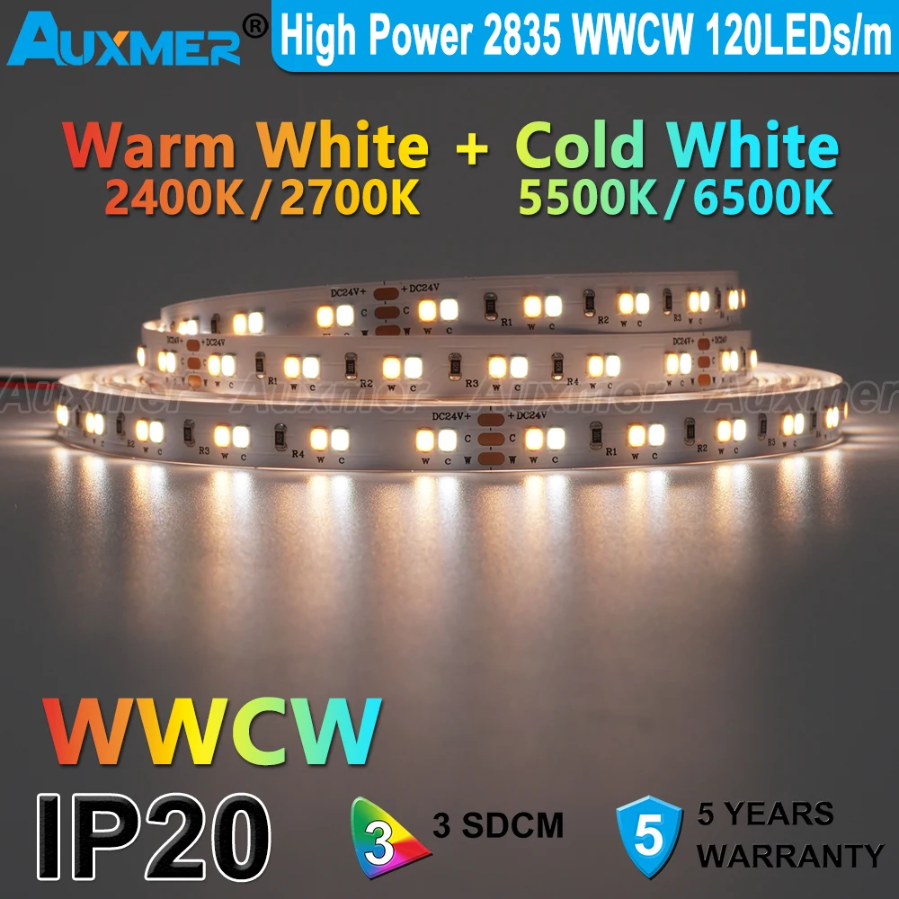 High Power 2835 WWCW LED Strip Lights,120LEDs/m,IP20,CRI95/90,19.2W 28.8W/m,CCT Color temperature adjustable LED,DC12/24V