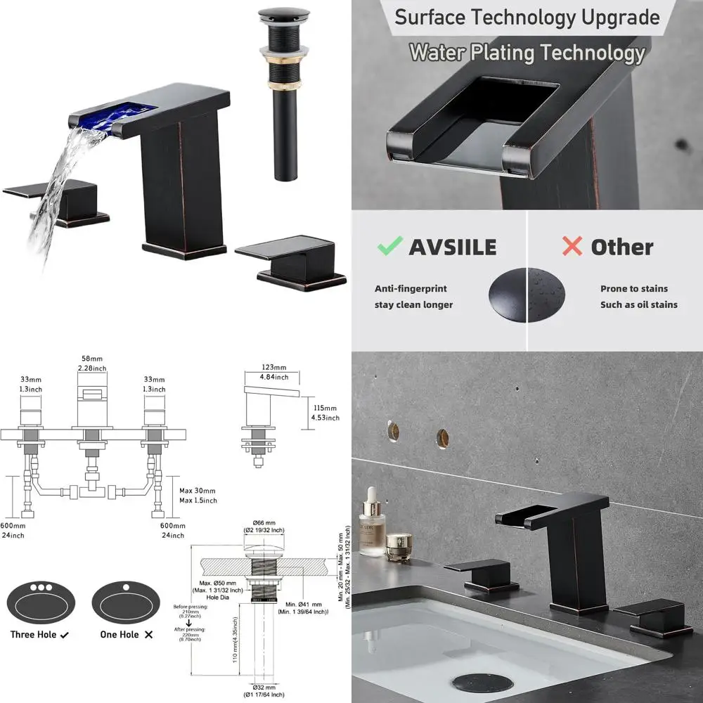 

8 Widespread Oil Rubbed Bronze Waterfall 3-Hole Modern Bathroom Sink Faucet with Touch Controls