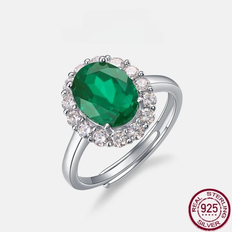 

New S925 pure silver egg shaped emerald ring with diamond accents, European and American retro style wedding jewelry