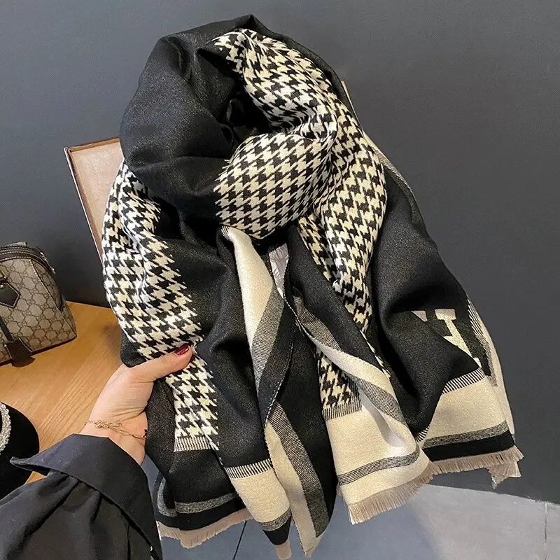 Luxury Black White Houndstooth Geometric Scarf Women Winter Warm Soft Knitted Fringe Tassel Shawl Retro Greek Key Pattern Neckerchief Wrap Oversized Plaid Scarves Fashion Cold Weather Accessories