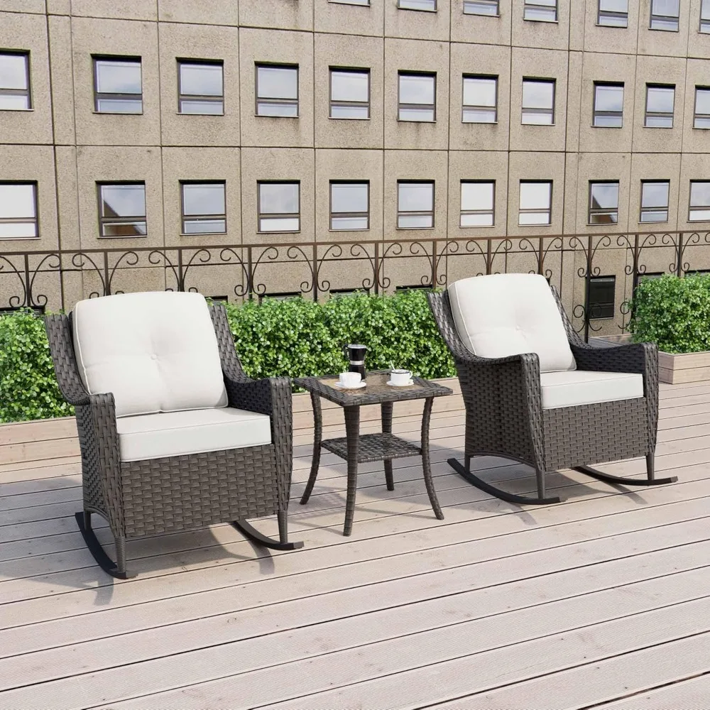 

Комплект мебели для патио из 3 предметов, 2 кресла-качалки из ротанга с высокой спинкой и приставной столик, комплект плетеной мебели из полиэтилена для улицы, всепогодный патио