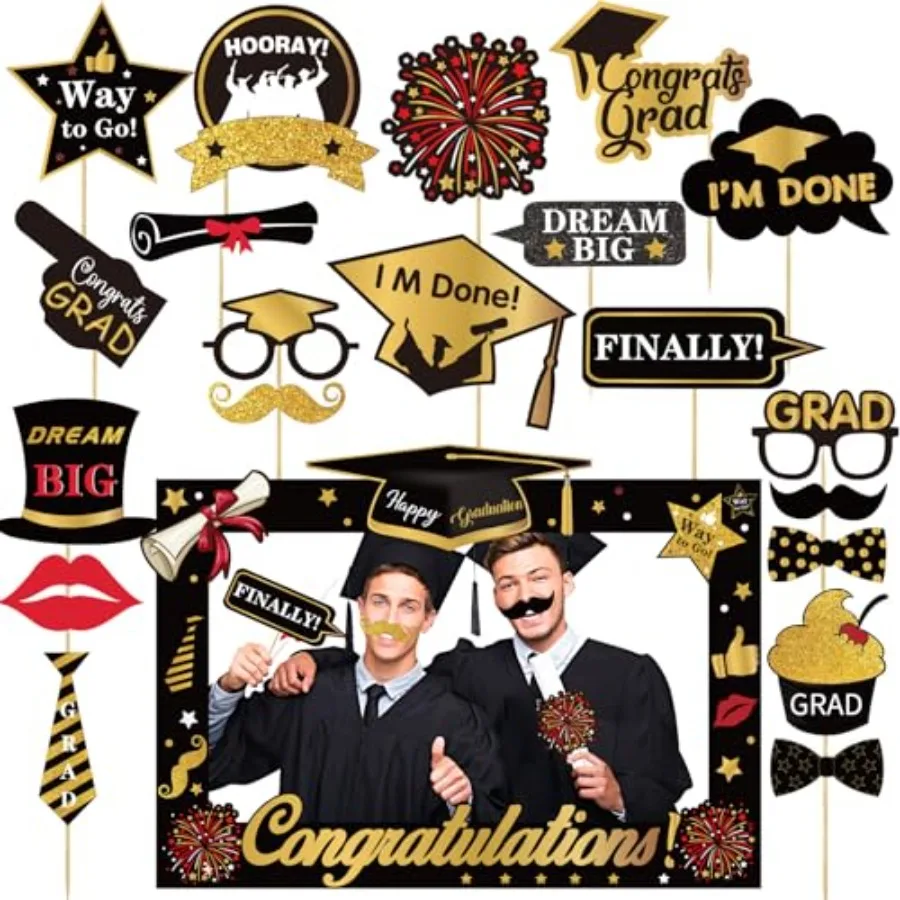 

2026 Graduation Photo Booth Props, 22Pcs Graduation Photo Booth Props, Funny Grad Party Selfie Props, Black Gold Selfie Photo F
