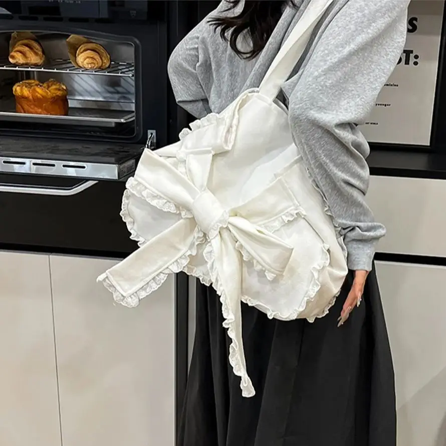 

Korean Sweet Girl Butterfly Knot Canvas Single Shoulder Bag Casual Lace Handbag Lace Up Underarm Women's Large Capacity Tote Bag