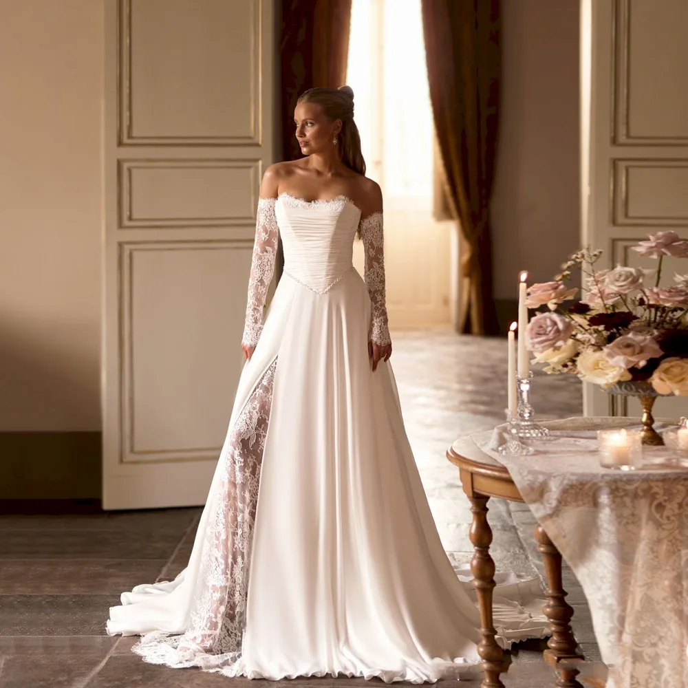 

Lace Wedding Dresses 2026 Bride Sweetheart Full Sleeve A Line Bride Gowns Chiffon Elegant vestido noiva casamento Customized