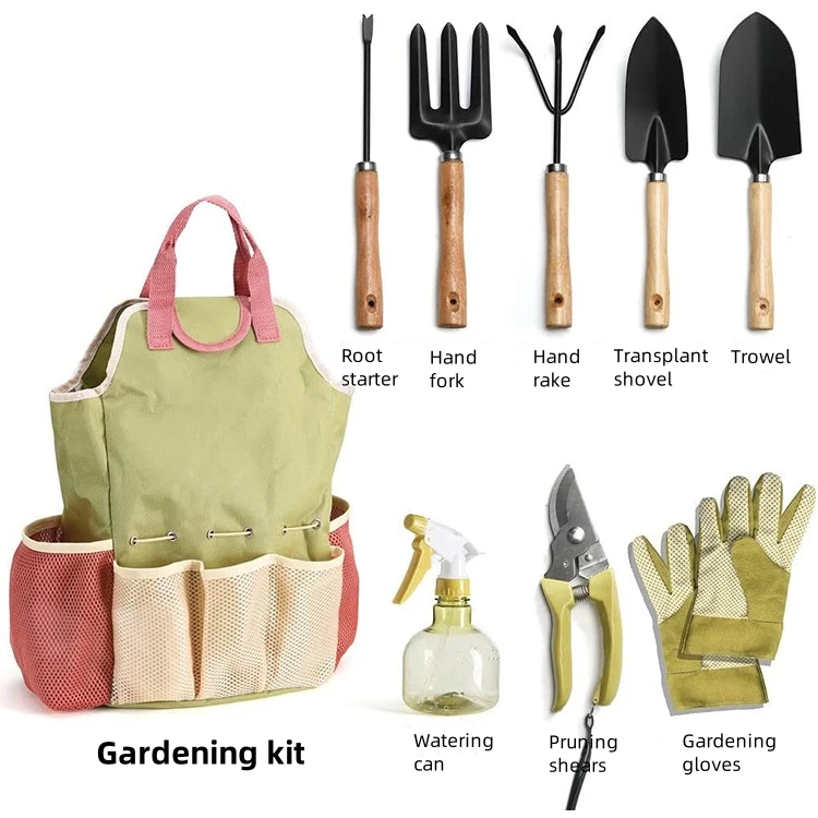 Durable Carbon Steel 9pcs Gardening Tools With Canvas Storage Bag Outdoor Indoor Garden Tool Kit Shovel, Hand Fork, Rooter