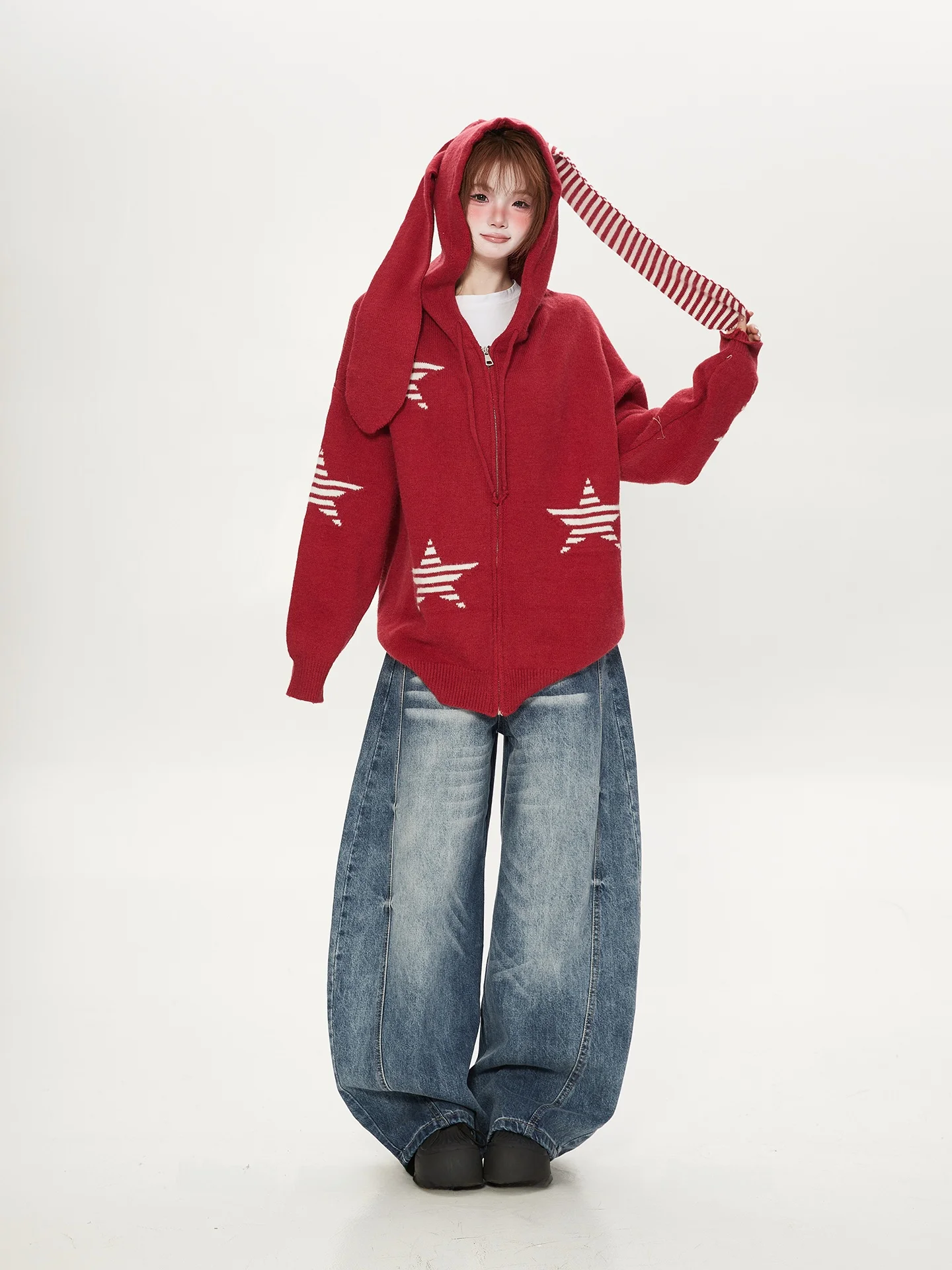 Red Knitted Hat Rabbit Ear Open Cardigan Women's Spring Autumn Loose Star Embroidery Sweater Jacket Top Gradient Color