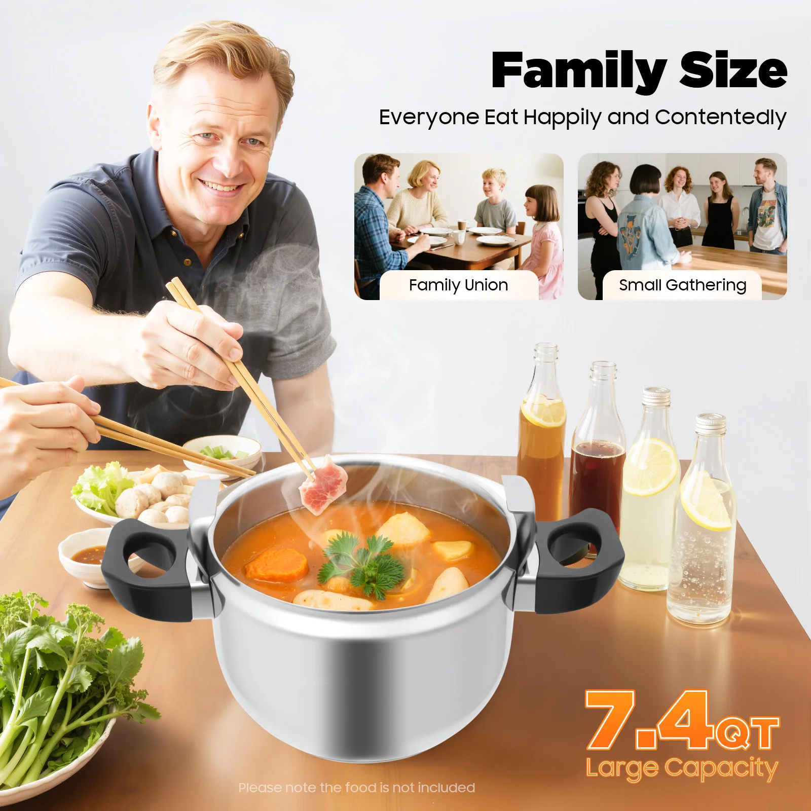 7.4 Qt 201 Stainless Steel Pressure Cooker,60KPa High Pressure & 3-Layer Base, Auto Safety Valve, Multi-Stove Compatible