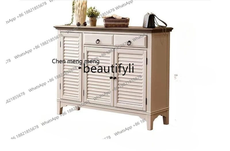Gabinete de madera maciza pura mediterránea americana, sala de estar rural pastoral simple, gabinete de porche de tres puertas, armario grande para zapatos