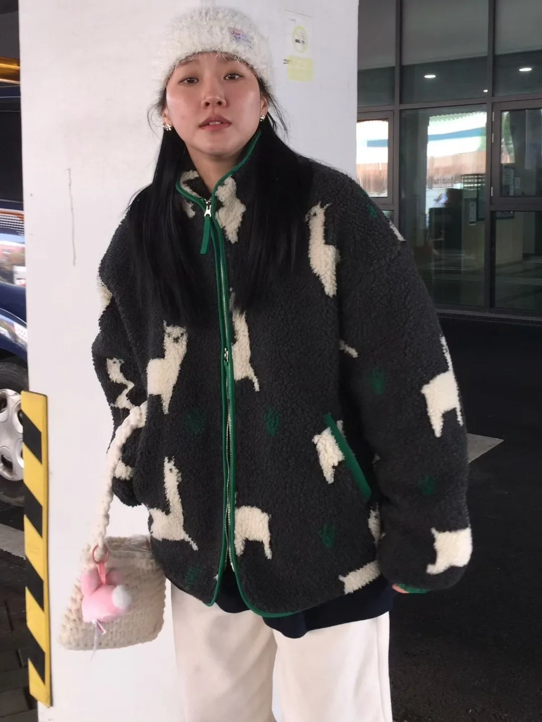 

Thiened Flannel Women's Jaet Dongda Gate Retro Cute Cartoon Embroidery Lambskin Coat Casual Loose Fit High Waist Zipper