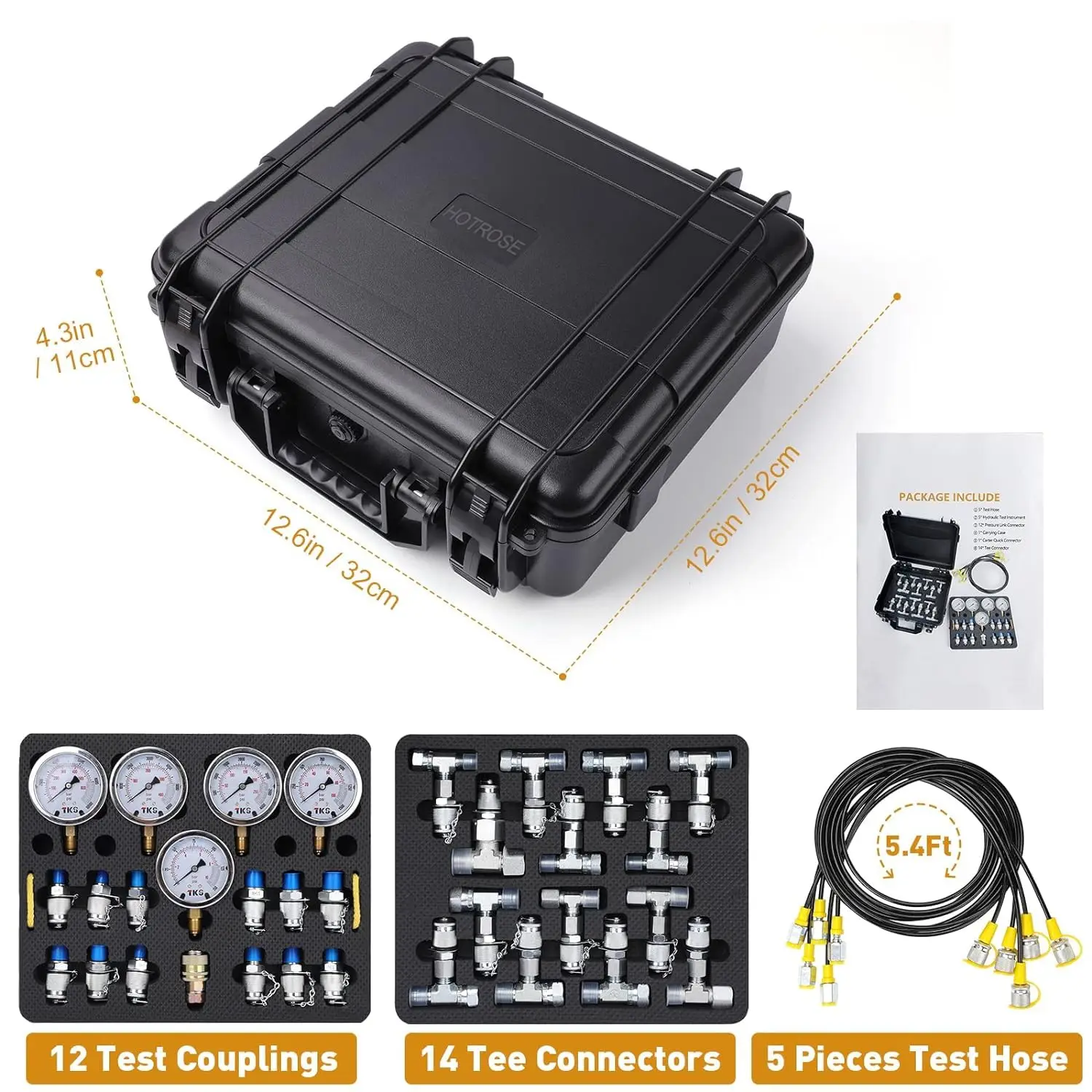 Pressure Test Kit, 600bar /10000psi / 60Mpa 5 Gauges 13 Test Couplings 14 Tee Connectors 5 Hoses, Hydraulic