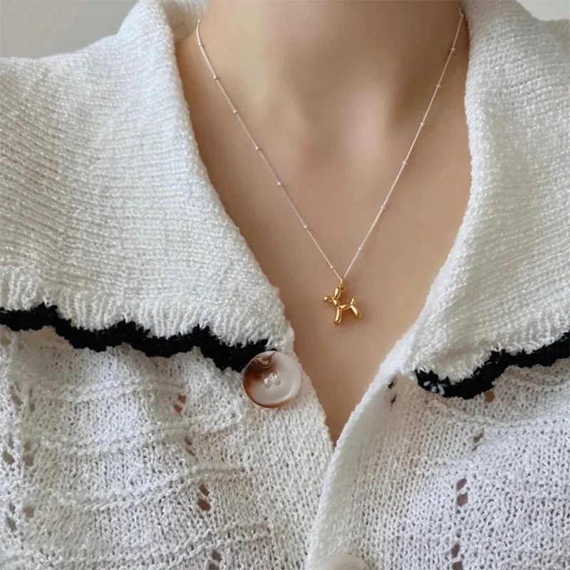 Minar Cute Lovely Gold Color Balloon Dog Pendant Necklaces for Women Personality Round Beads Metallic Choker Necklace Jewelry