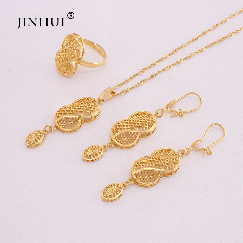 Ethiopian gold plated jewelry african dubai bride wedding luxury gifts necklace Pendant earrings ring jewelry sets for women