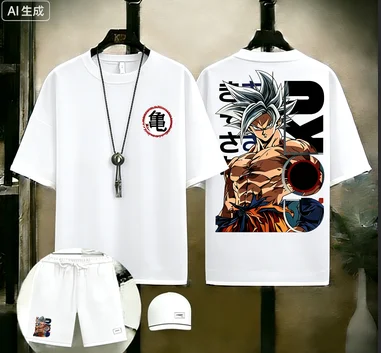 

Mens Dragon Ball Z Goku "GO" Kanji Print 2 Piece Outfit Waffle Knit Short Sleeve T-shirt + Shorts Set Anime Streetwear Tracksuit