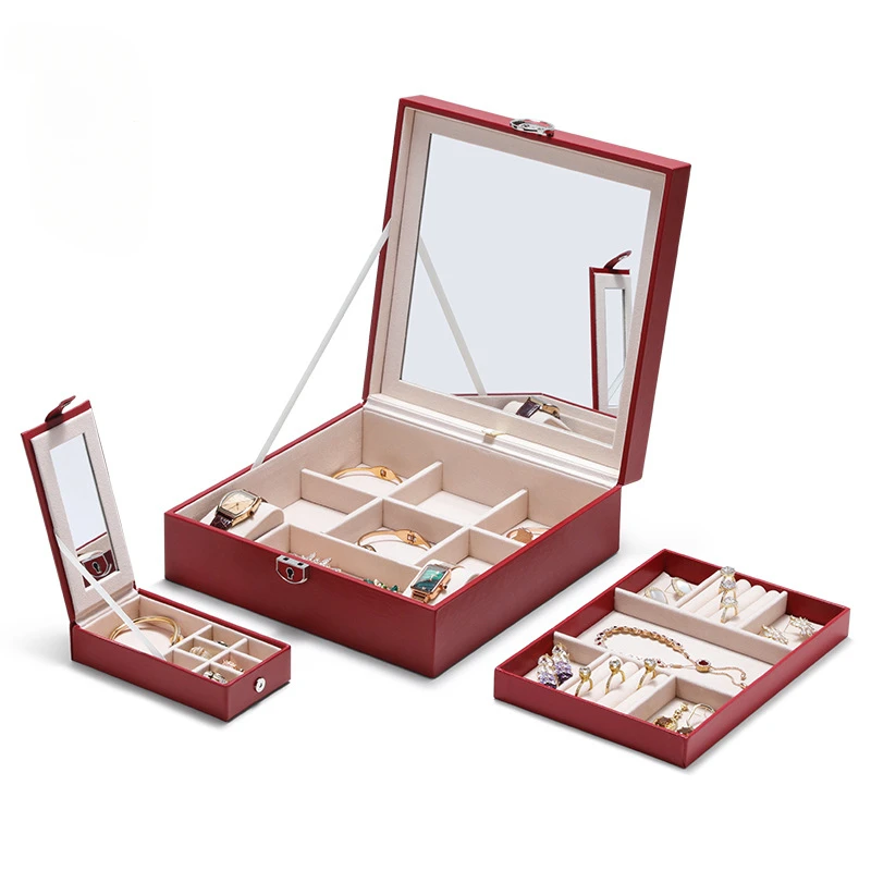 صندوق مجوهرات أحمر مع قفل صندوق تخزين مجوهرات ذو سعة كبيرة صندوق هدايا مجوهرات ذهبية لمهر الزفاف #5