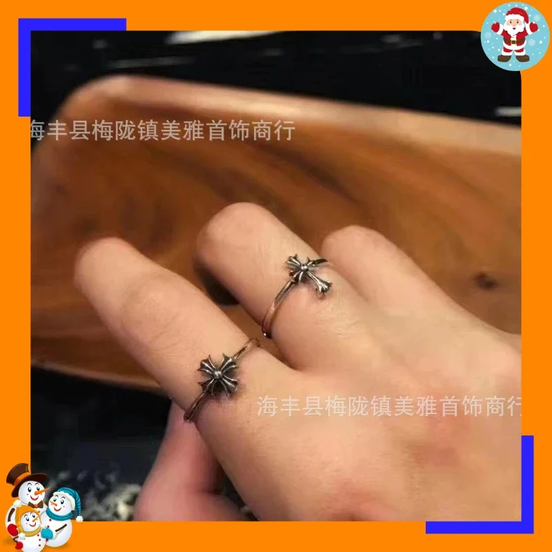 New Tide Ring Men and Women Retro Old Punk Hip Hop Long Cross Flower Strip Ring Tail Ring Small Ring
