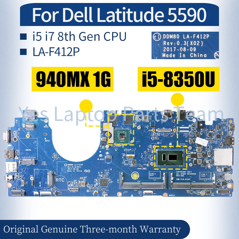 

LA-F412P For Dell Latitude 5590 Laptop Mainboard 0630XH 0P50J0 i5-8350U i7-8650U 940MX Notebook Motherboard