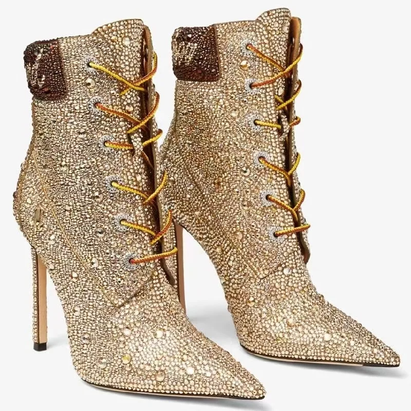 Women's Gold Crystal-Embellished Ankle Boots, Lace-Up Detail Stiletto Heel Glam Bold Style for Autumn/winter Evening Outfits